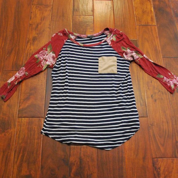 Floral Sleeve Striped Baseball Tee - Picture 2 of 5